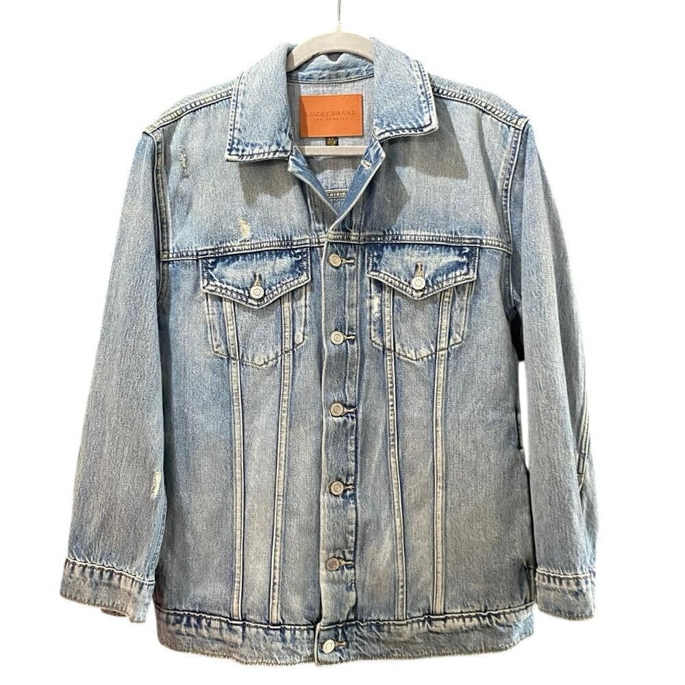 Lucky Brand Blue Boyfriend Trucker Distressed Denim Jeans Jacket Size Small